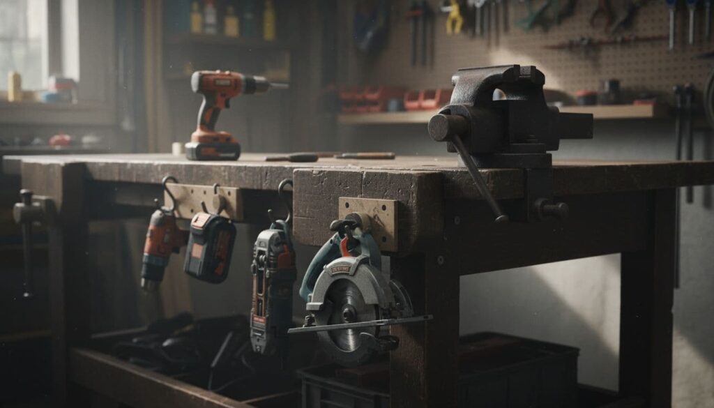 orkbecnh with power tools and a strong vise to hold woodworking projects.