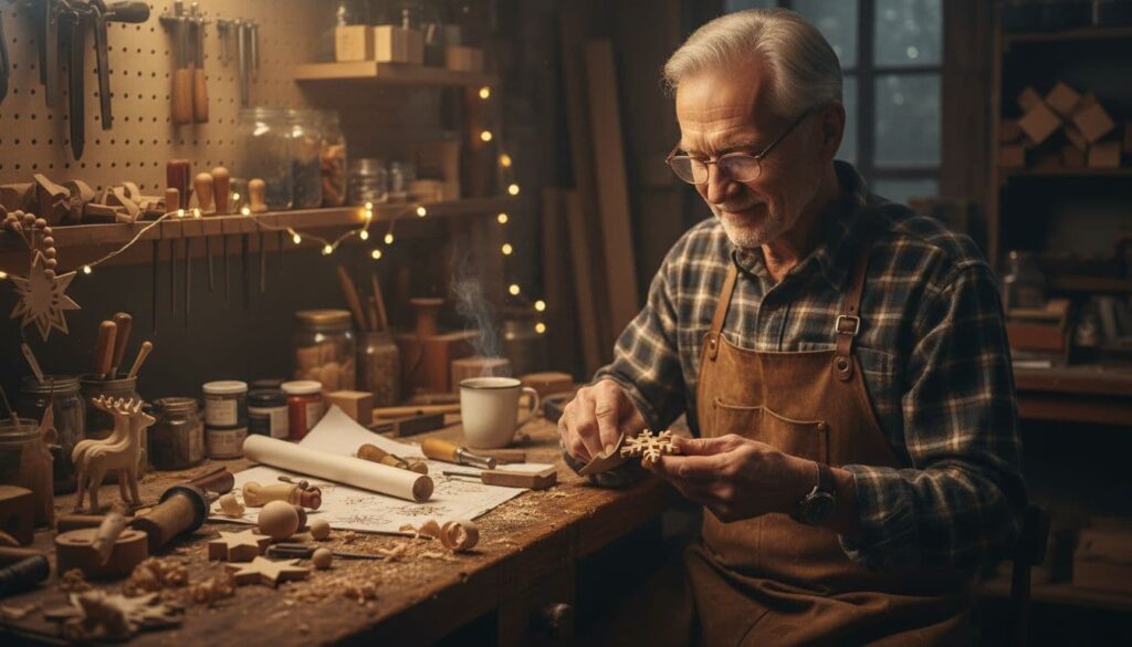 Older gentleman working on Christmas Ornaments at his woodworking bench