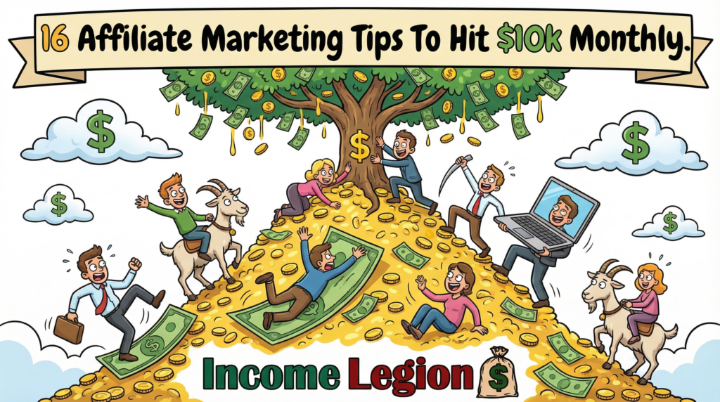 A group of people climbing a mountain of success with a money tree at the top.