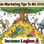 A group of people climbing a mountain of success with a money tree at the top.